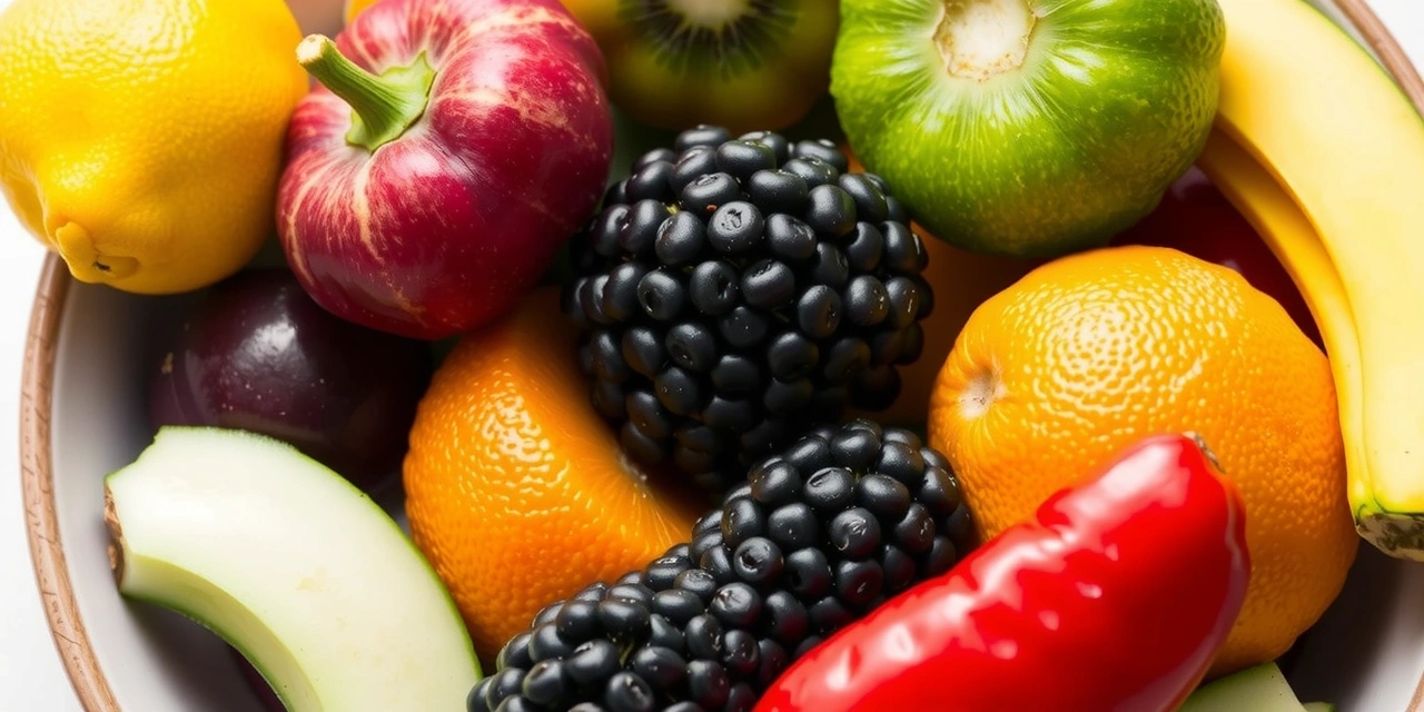 Frutas y verduras frescas en un tazón