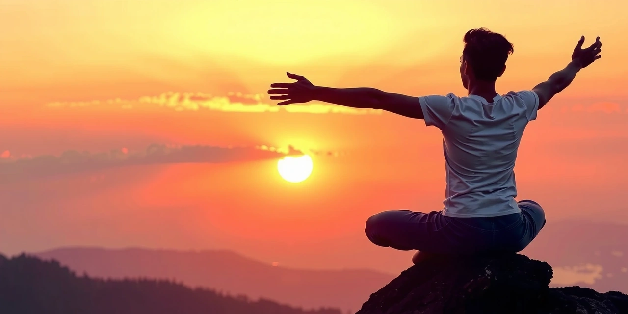 Persona meditando en la naturaleza al amanecer