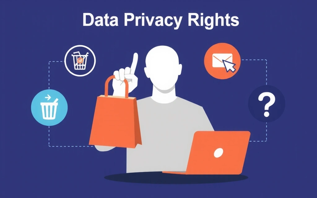 Ilustración de derechos de privacidad de datos, con una persona interactuando con iconos de gestión de datos como una papelera, un lápiz para editar y un signo de interrogación.