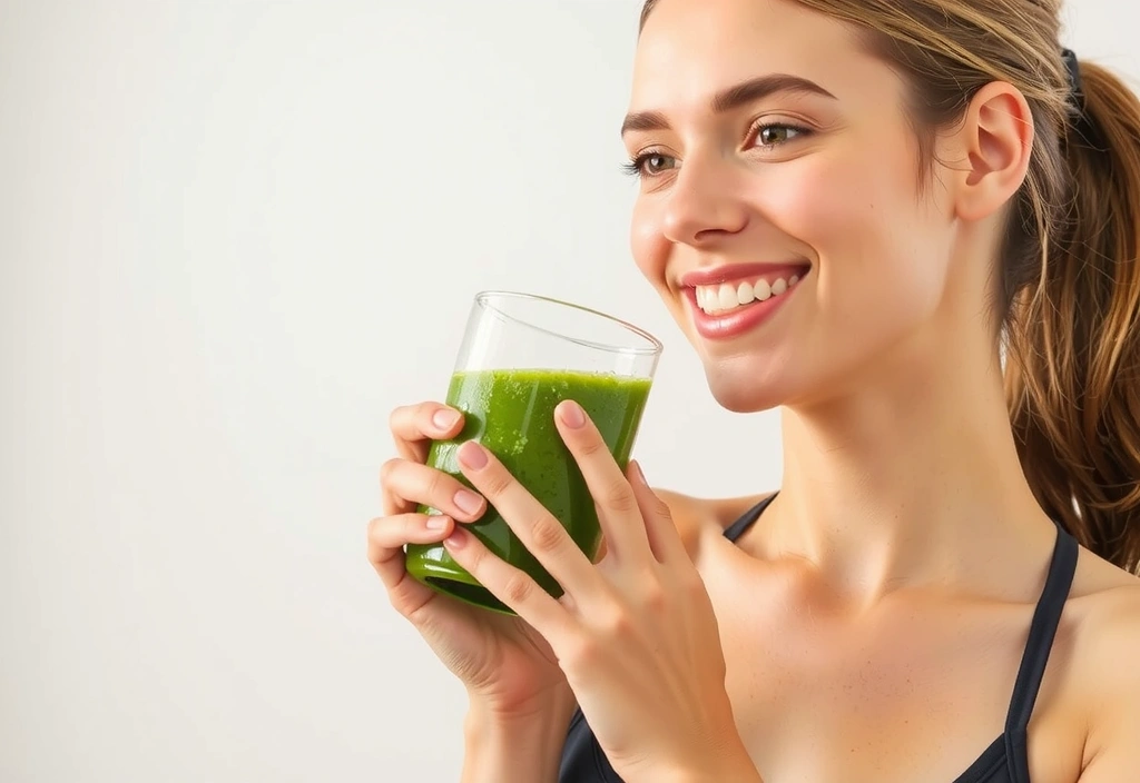 Persona bebiendo un batido verde saludable después de un entrenamiento.