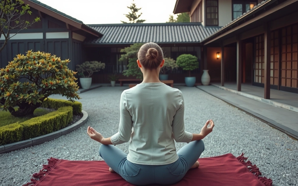Persona practicando mindfulness en un jardín zen, transmitiendo calma.