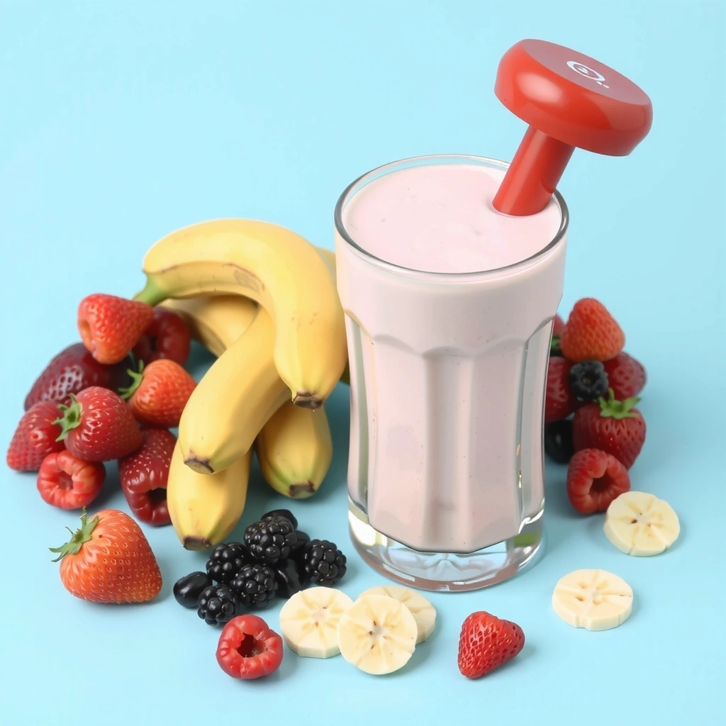 Batido de proteínas con frutas y pesas