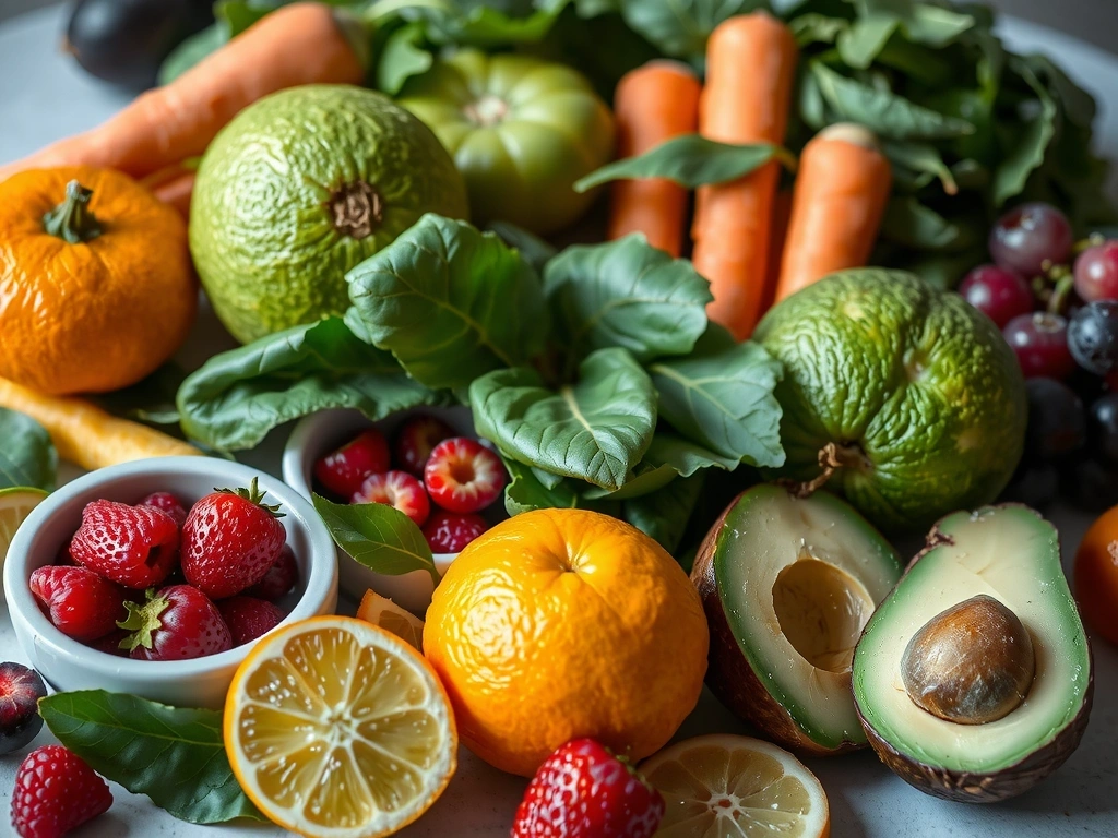 Frutas y verduras frescas ricas en vitaminas, como naranjas, espinacas y zanahorias, dispuestas artísticamente para resaltar su origen natural.