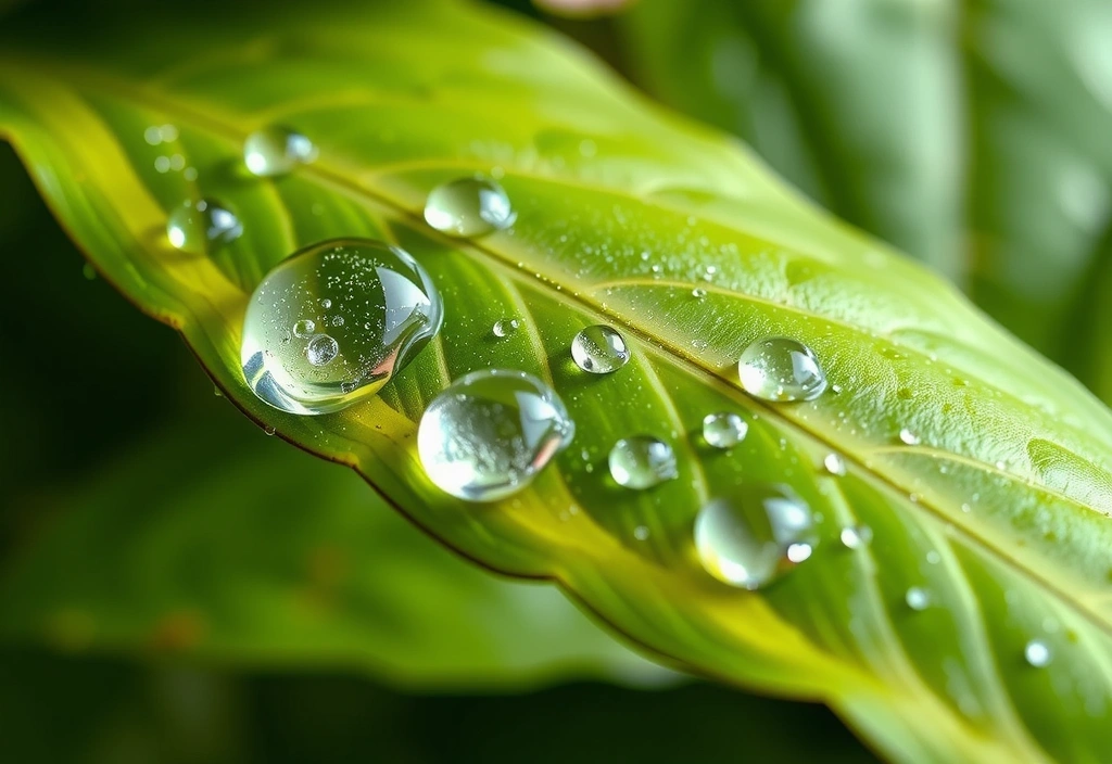 Gotas de agua cayendo sobre una hoja verde, simbolizando la hidratación y la absorción de nutrientes.